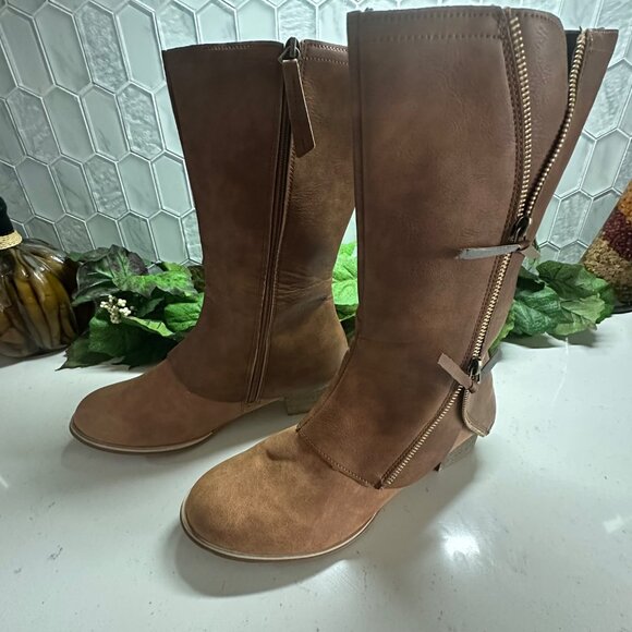 Brown Leather Knee-High Boots With Dual Zipper Closure & Block Heel - Picture 1 of 13